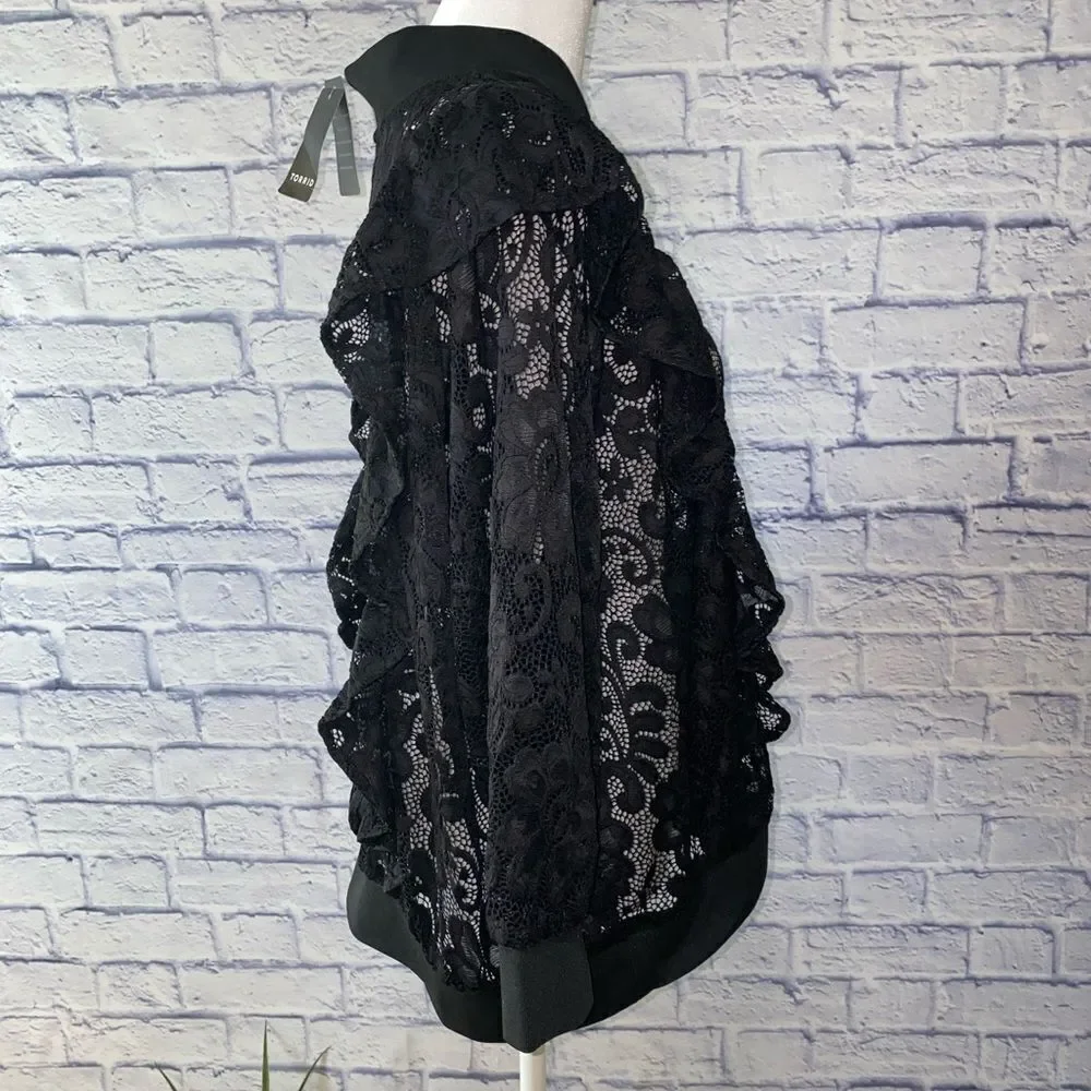 NWT Torrid Black Lace Ruffle Crop Bomber jacket - Picture 10 of 15